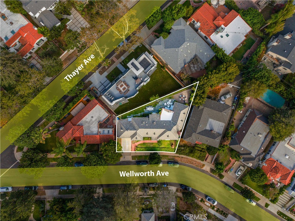Drone view of the property with lot outline